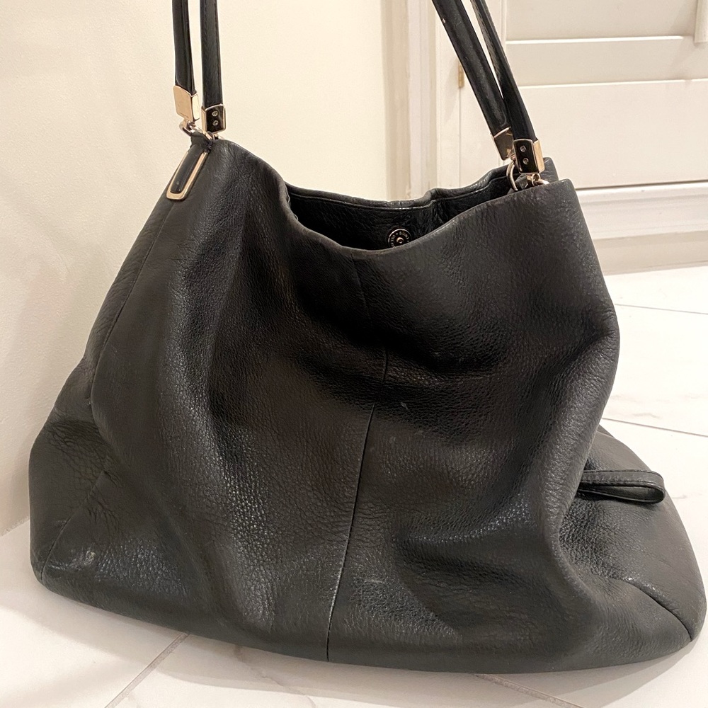 Coach black leather shoulder bag, fair used cond.